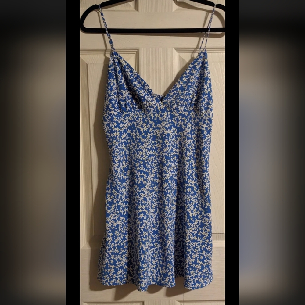 Zara Blue Floral Print Mini Dress S Spaghetti Strap Sleeveless Spring Retro